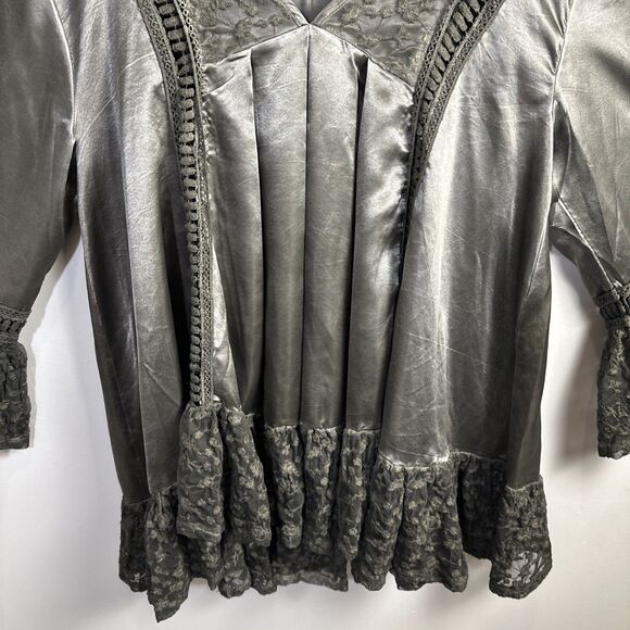 Women’s A RARE BIRD Satin Gray Lace Trimmed Boho Tunic Top Small Medium Lace - Picture 4 of 11
